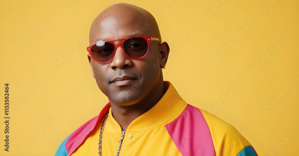 A middle-aged black man with bald head wearing colorful clothing and sunglasses against a bright yellow background A middle-aged black man with bald head wearing colorful clothing and sunglasses against a bright yellow background