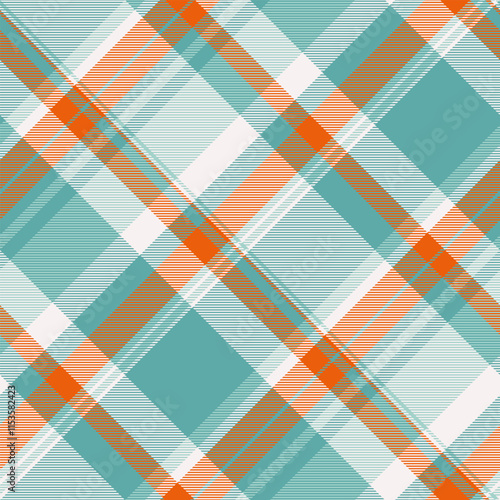 Scottish pattern tartan fabric, flooring check textile plaid. Woven background texture vector seamless in white and teal colors.