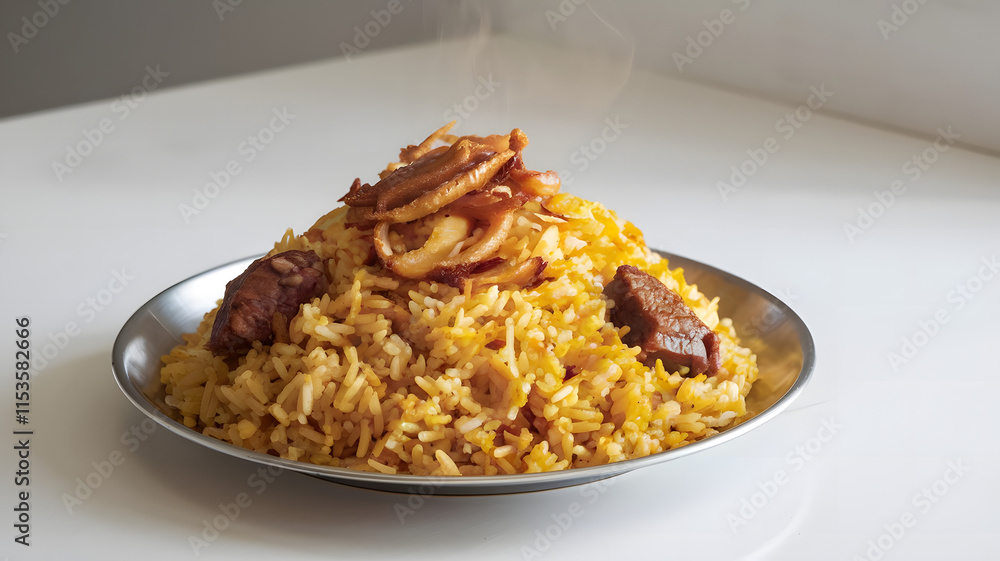 A photo of a steaming plate of rice briyani. A photo of a steaming plate of rice briyani.