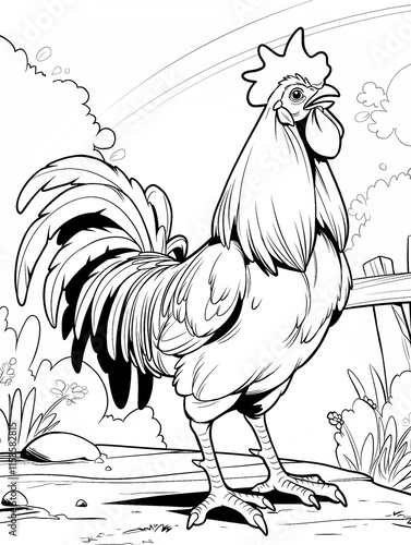 Black and white illustration of a rooster in a farm yard. Kids coloring book page. Concept of rural farm lifestyle