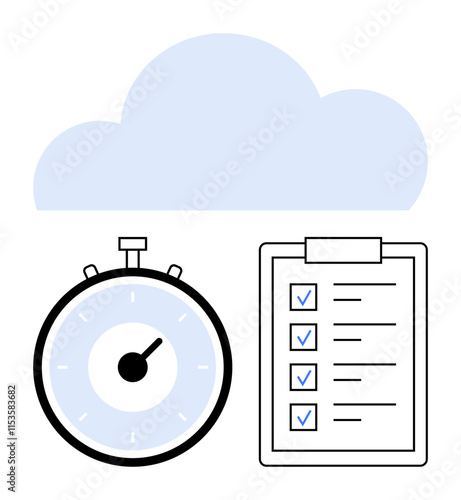 Stopwatch checklist with blue checkmarks and light blue cloud. Ideal for productivity, cloud computing, time management, task completion, efficiency, workflow, digital solutions. Line metaphor