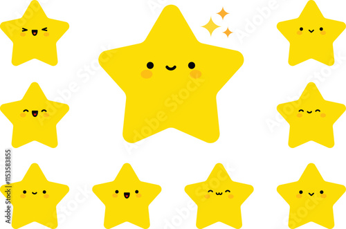 Cartoon Cute Stars Emoticon Avatar Face Positive Emotions Set Stock Vector. Kawaii star set