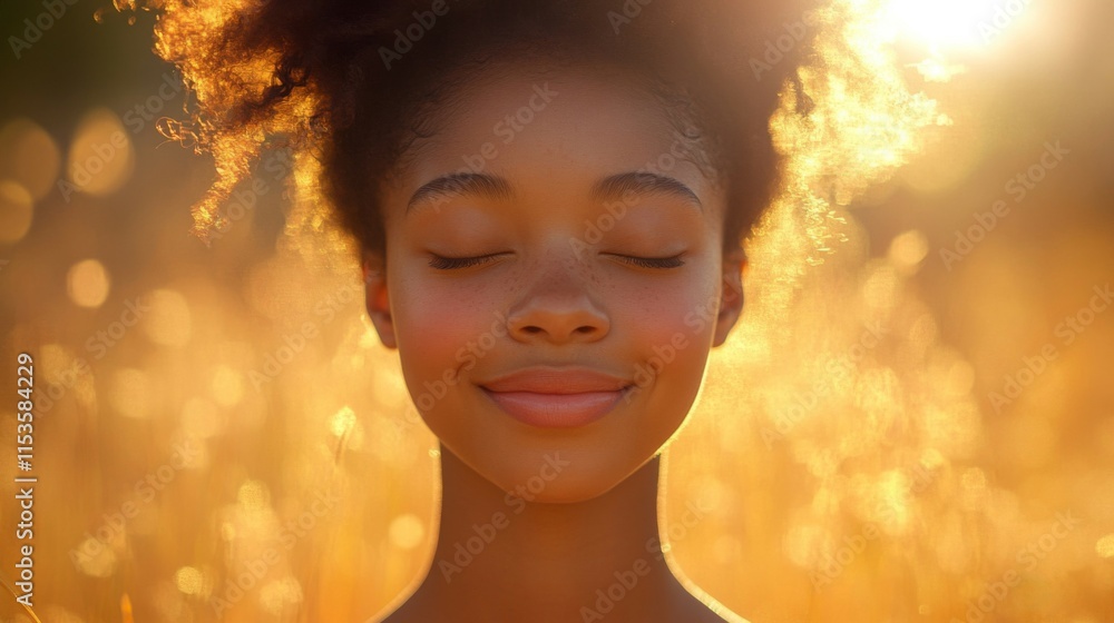 Fototapeta premium Serene Young Woman With Closed Eyes In Golden Sunlight