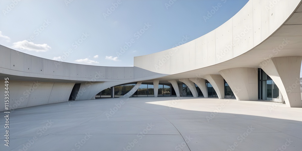 Fototapeta premium A modern concrete building with a curved facade against a bright sky
