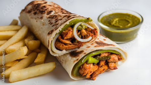 A photo of a kathi roll on a white background. photo