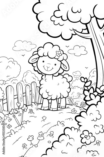 Black and white illustration of a cute lamb in a farm. Kids coloring book page. Concept of rural farm lifestyle