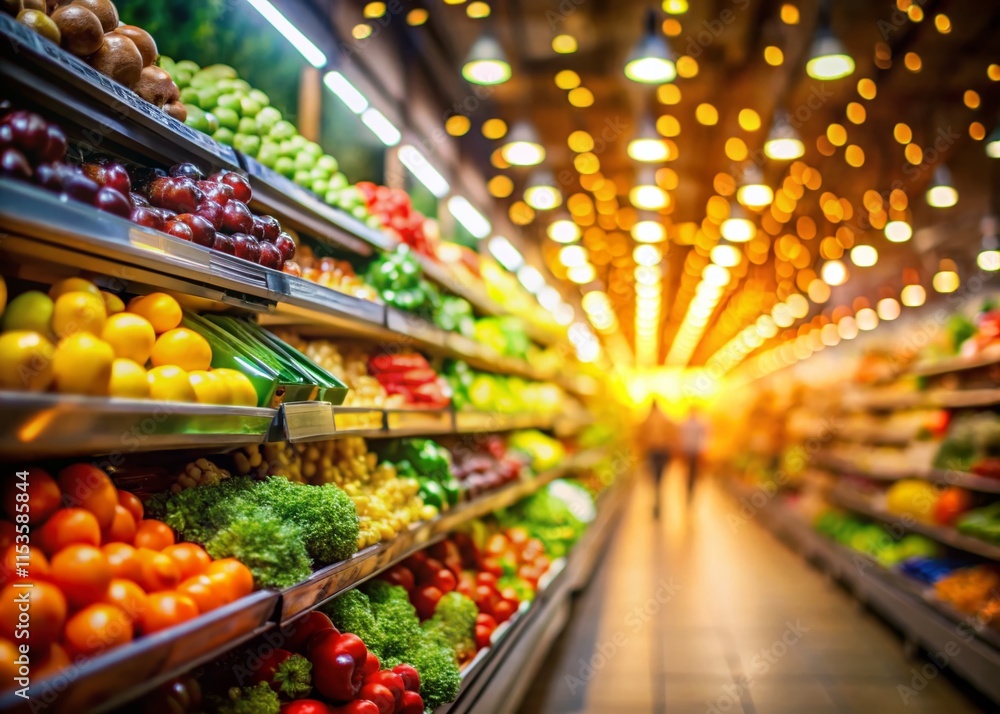 Rising Food Prices: Blurred Grocery Store Aisle with Expensive Produce and Empty Shelves Rising Food Prices: Blurred Grocery Store Aisle with Expensive Produce and Empty Shelves