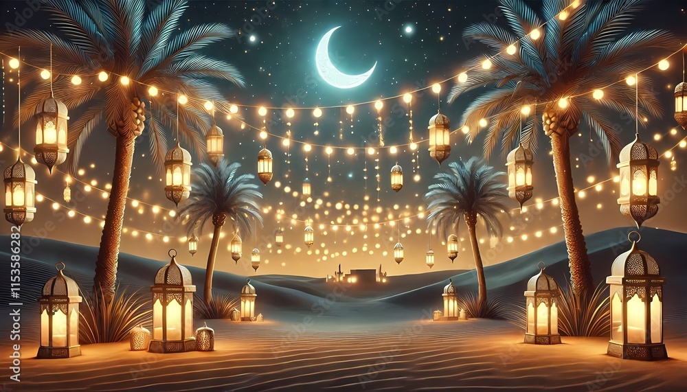 A peaceful Ramadan night with string of illuminated fairy lights and lanterns hanging from palm trees in a desert landscape, with crescent moon and stars, backgrounds A peaceful Ramadan night with string of illuminated fairy lights and lanterns hanging from palm trees in a desert landscape, with crescent moon and stars, backgrounds