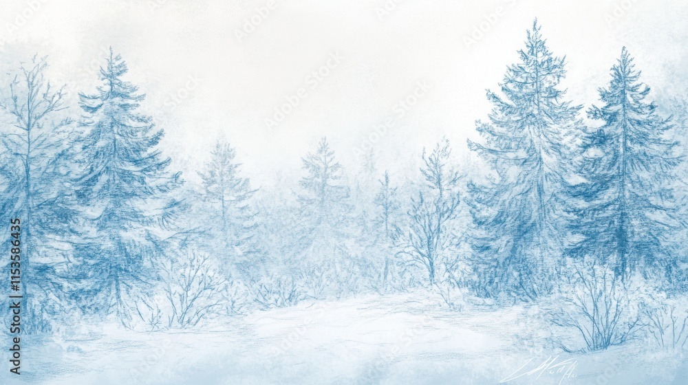 Fototapeta premium Winter scenery filled with snow covered trees, creating a peaceful and serene atmosphere in a snowy landscape. Generative AI