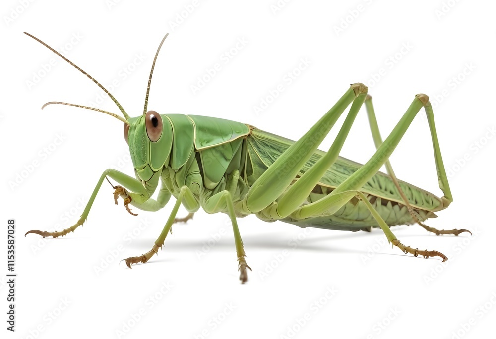 A close-up photo of a large green grasshopper with prominent eyes and antennae A close-up photo of a large green grasshopper with prominent eyes and antennae