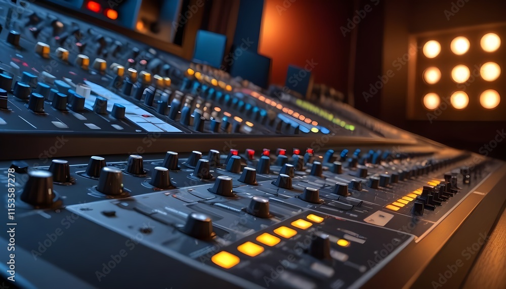 Fototapeta premium A professional audio mixing console with numerous knobs, sliders, and buttons in a dimly lit recording studio environment