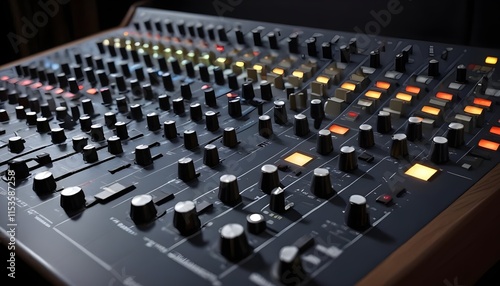A professional audio mixing console with numerous knobs, sliders, and buttons in a dimly lit recording studio environment
