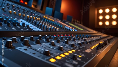 A professional audio mixing console with numerous knobs, sliders, and buttons in a dimly lit recording studio environment
