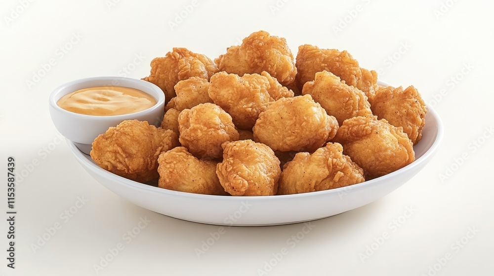 Crispy Fried Chicken Bites with Dipping Sauce on a White Plate Crispy Fried Chicken Bites with Dipping Sauce on a White Plate