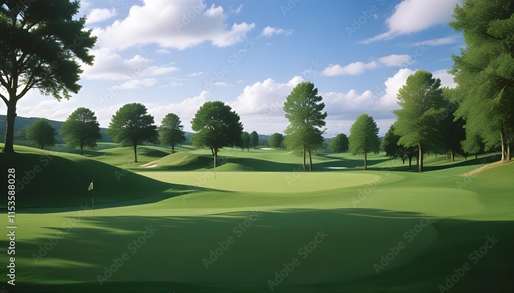 A lush green golf course with rolling hills, trees, and a cloudy blue sky A lush green golf course with rolling hills, trees, and a cloudy blue sky