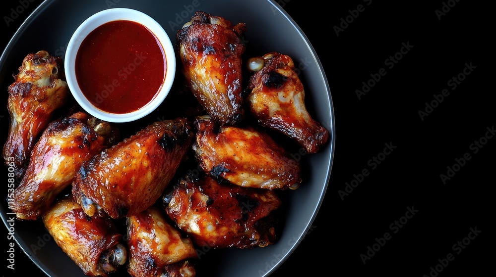 Delicious Cooked Chicken Wings with Spicy Red Sauce on Plate Delicious Cooked Chicken Wings with Spicy Red Sauce on Plate
