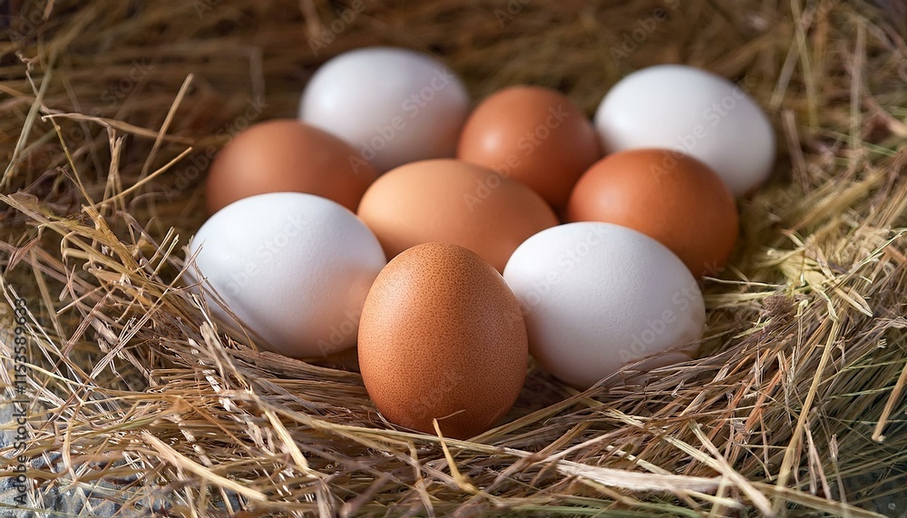 brown chicken eggs and white chicken eggs sitting on a bed of straw brown chicken eggs and white chicken eggs sitting on a bed of straw