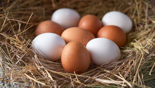 brown chicken eggs and white chicken eggs sitting on a bed of straw