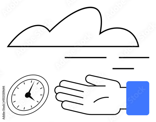 Hand with blue sleeve extending forward, speed lines, analog clock, and cloud. Ideal for business, productivity, urgency, efficiency time management speed progress. Line metaphor