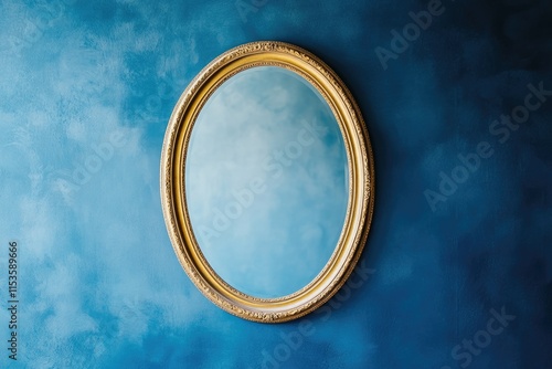 Gold Oval Mirror on Blue Wall
