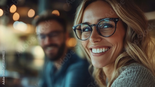 Woman smiling brightly wearing glasses with a blurred man in the background