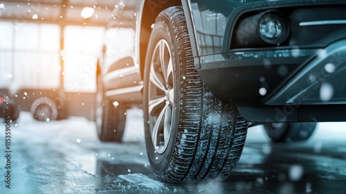 Wallpaper Mural Close-Up of a Car Tire on a Snowy Surface Inside a Well-Lit Garage: Winter Driving Preparation and Tire Performance Torontodigital.ca
