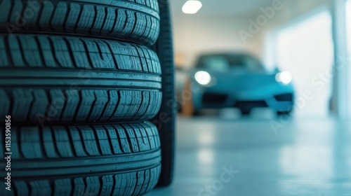 Wallpaper Mural Stacked Car Tires in a Modern Automotive Garage with a Blurred Luxury Sports Car in the Background Torontodigital.ca