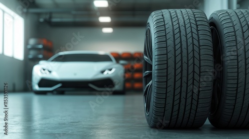 Wallpaper Mural Luxury Sports Car and Performance Tires in a Modern Automotive Garage: A Blend of Elegance and Maintenance Torontodigital.ca