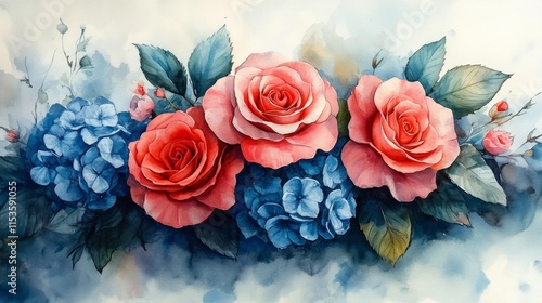 Watercolor bouquet with roses and hydrangeas. Generative AI photo