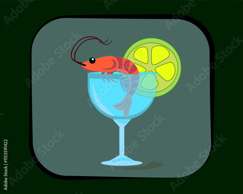 Shrimp in a glass with marinade and a piece of lime.