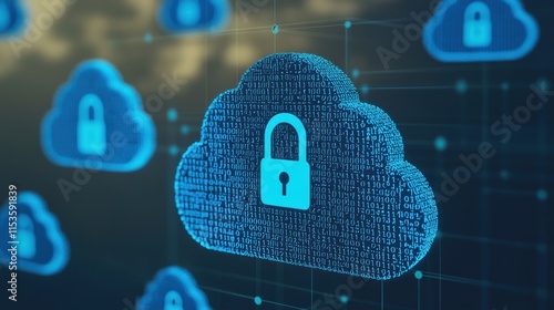 Cloud Security Visualization: Locked Blue Cloud Icons Representing Secure Cloud Computing and Data Protection