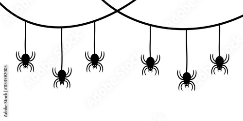 Vector hanging black spiders and web cartoon style for halloween event purpose printable. Scary black spider hanging isolated in white background