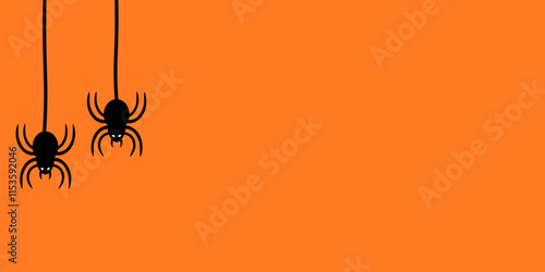 Vector hanging black spiders and web cartoon style for halloween event purpose printable. Scary black spider hanging isolated in orange background