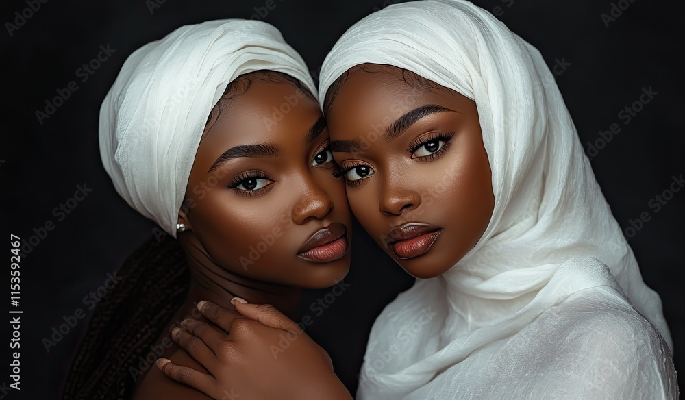 Two Black women wearing white headscarves, one gently touching the other's face, both facing each other Two Black women wearing white headscarves, one gently touching the other's face, both facing each other