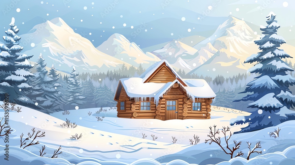 Fototapeta premium A cartoon illustration of a cabin in a snowy forest.