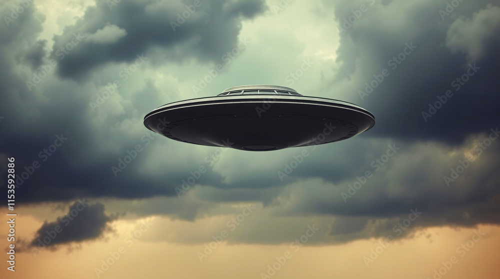 Fototapeta premium UFO UAP UAS Spacecraft Flying Saucer Aliens Extraterrestrials In A Cinematic Image Style Dark Eerie Paranormal Environment Copy space For Text Logo Or Other graphics 300 PPI High Resolution Image