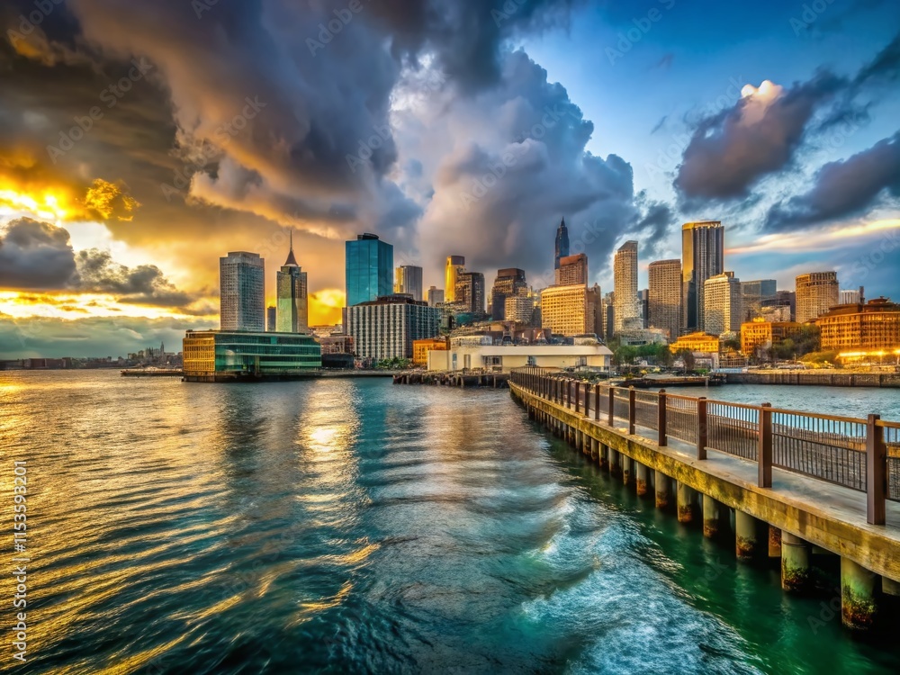 Fototapeta premium Seattle Skyline Viewed from Ferry Dock: Dramatic Clouds & Cityscape