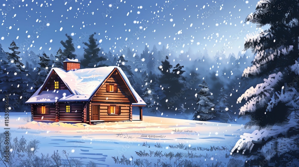 Fototapeta premium A cozy cabin in the woods with warm lights on a snowy winter evening.