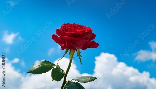 a single red rose against a backdrop of a blue sky with scattered white clouds