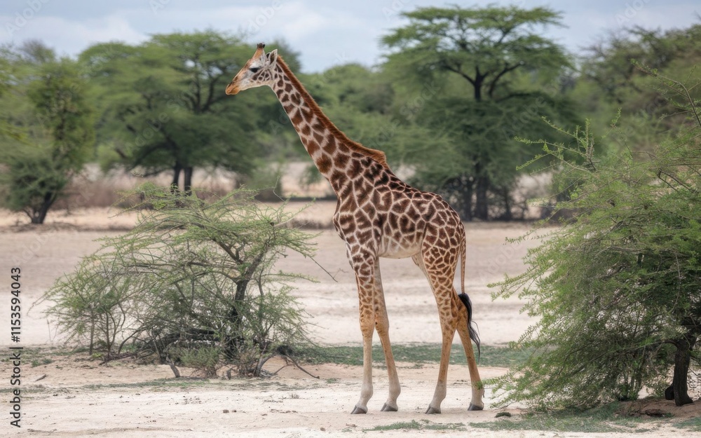 A portrait of a young Angolan giraffe (Giraffa camelopardalis angolensis) standing gracefully in its natural habitat A portrait of a young Angolan giraffe (Giraffa camelopardalis angolensis) standing gracefully in its natural habitat