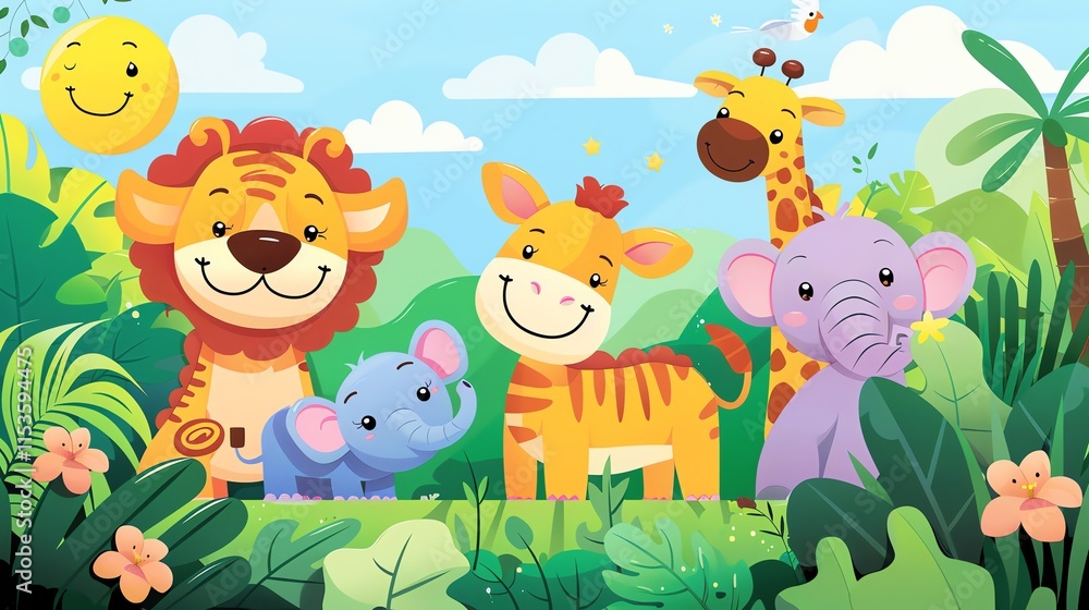 Naklejka premium A cartoon illustration of a lion, giraffe, and elephants in a jungle setting.