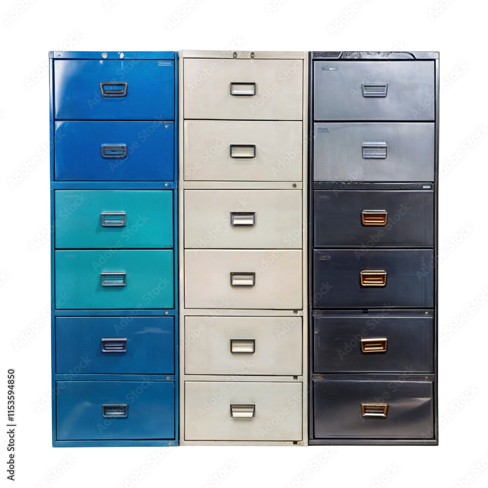 Steel Filing Cabinets: A row of three steel filing cabinets, each with five drawers. The cabinets are in different colors, including blue, teal, white, grey, and black. Steel Filing Cabinets: A row of three steel filing cabinets, each with five drawers. The cabinets are in different colors, including blue, teal, white, grey, and black.