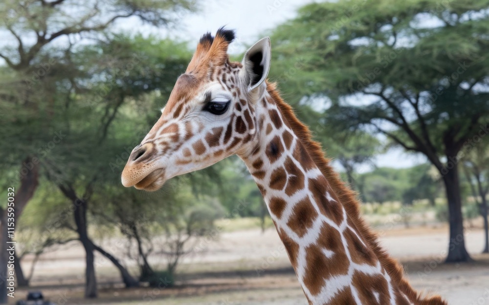 A portrait of a young Angolan giraffe (Giraffa camelopardalis angolensis) standing gracefully in its natural habitat A portrait of a young Angolan giraffe (Giraffa camelopardalis angolensis) standing gracefully in its natural habitat