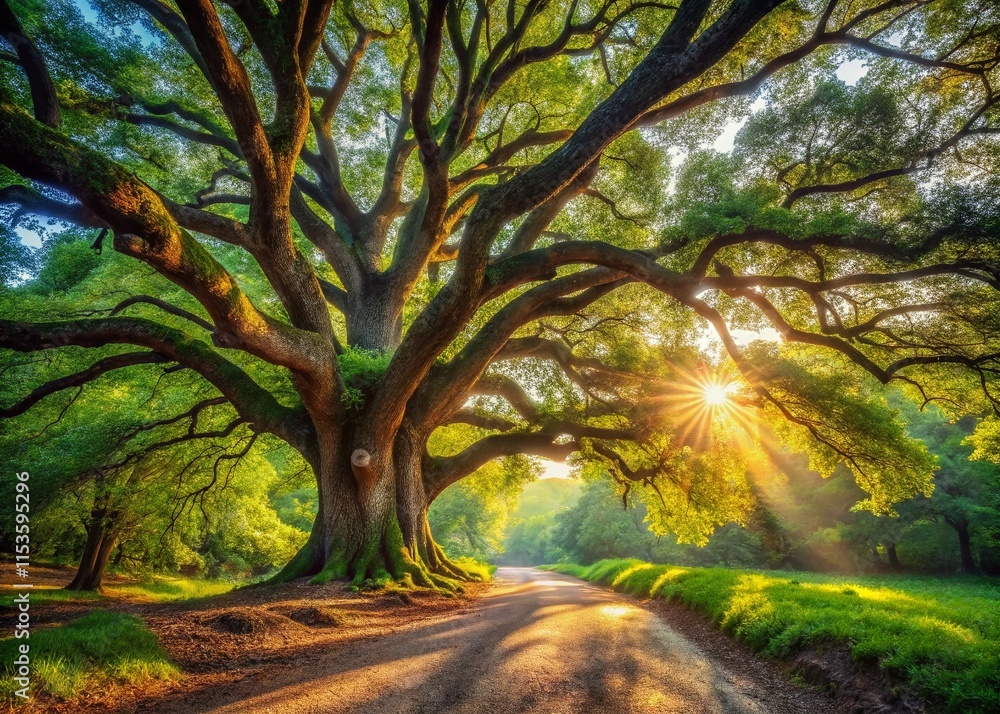 Fototapeta premium Serene Forest Soundscape: Lush Green Leaves and Sunlight Dappled Path
