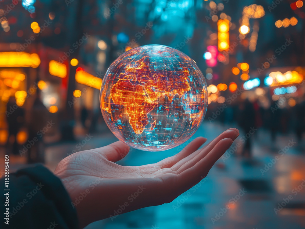 Fototapeta premium hand holds holographic globe representing global business trends