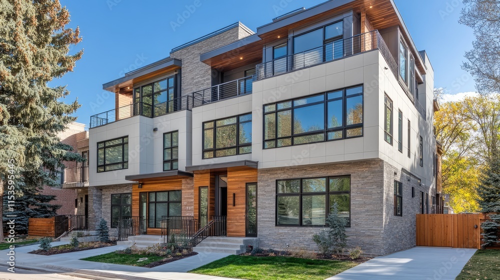 Fototapeta premium Modern Residential Building with Large Windows and Stylish Design