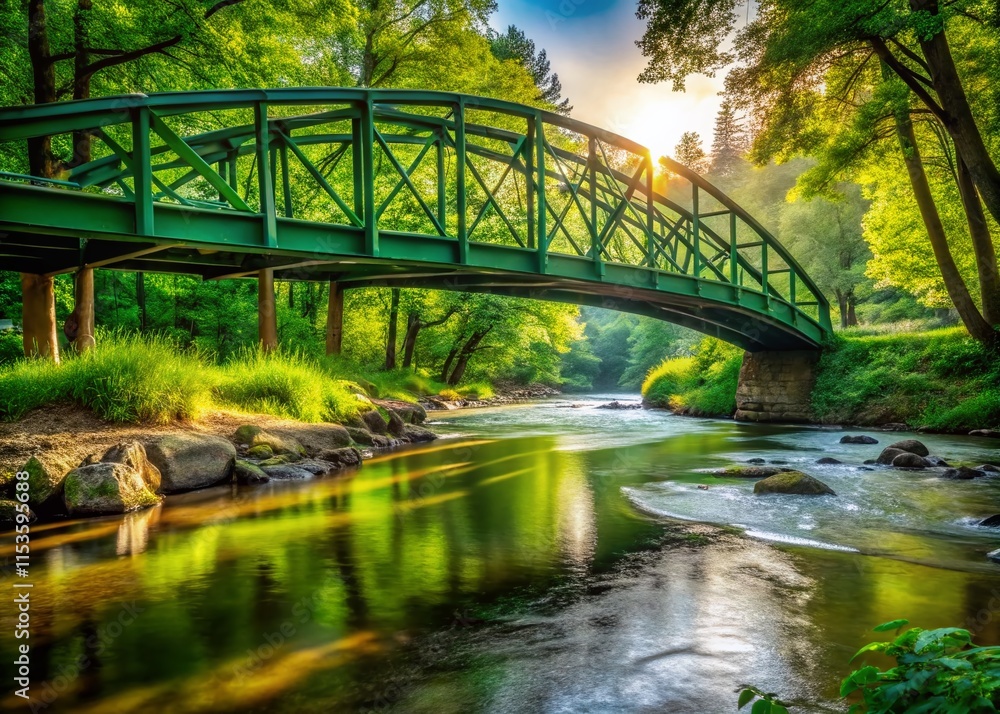 Fototapeta premium Serene Green Steel Bridge Spanning Creek - Stock Photo