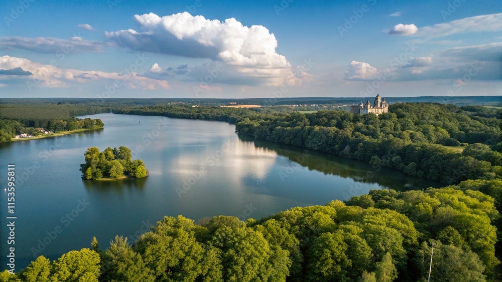 Serene Lake, Castle, Lush Trees, Blue Sky - Stunning Nature Photography Serene Lake, Castle, Lush Trees, Blue Sky - Stunning Nature Photography