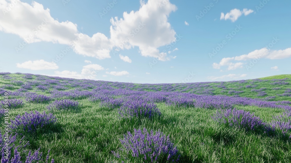 Obraz premium Expansive Lavender Field Under a Clear Blue Sky with Fluffy Clouds