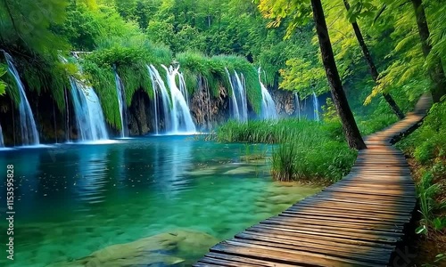 Waterfall in a dense forest with a wooden bridge